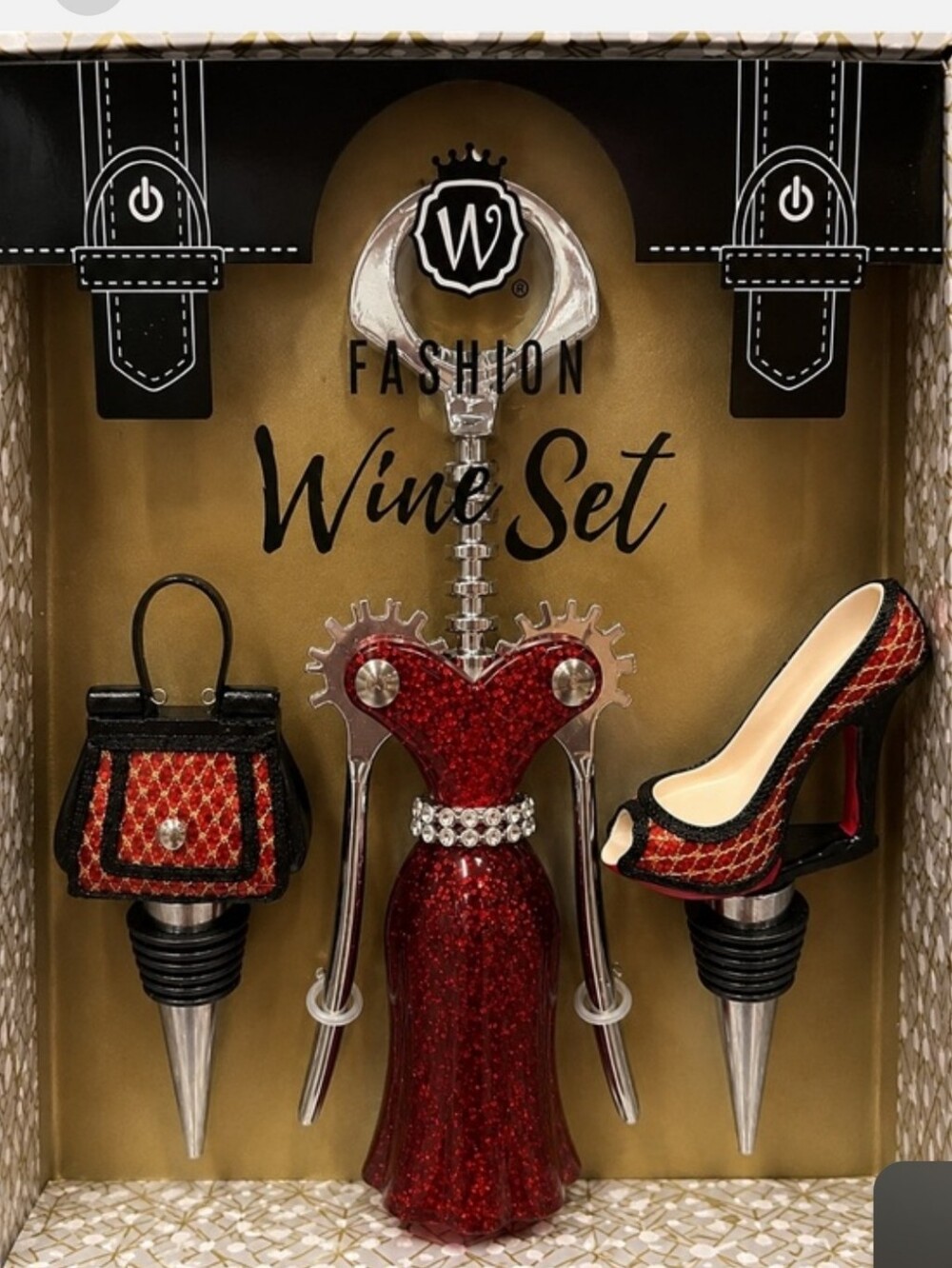 Fashion Wine Set - Red Glitter Dress Bottle Stopper & Accessories NEW